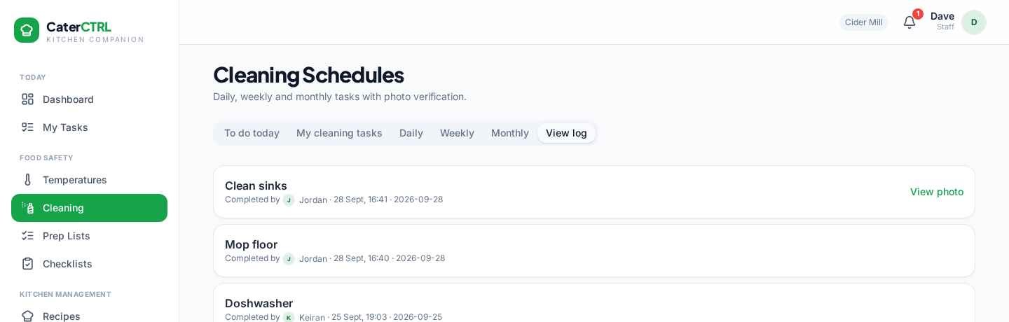 CaterCTRL desktop cleaning history showing completed tasks