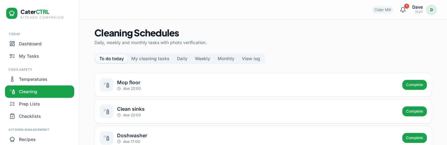 CaterCTRL cleaning schedules — today's cleaning jobs with owners and photo evidence