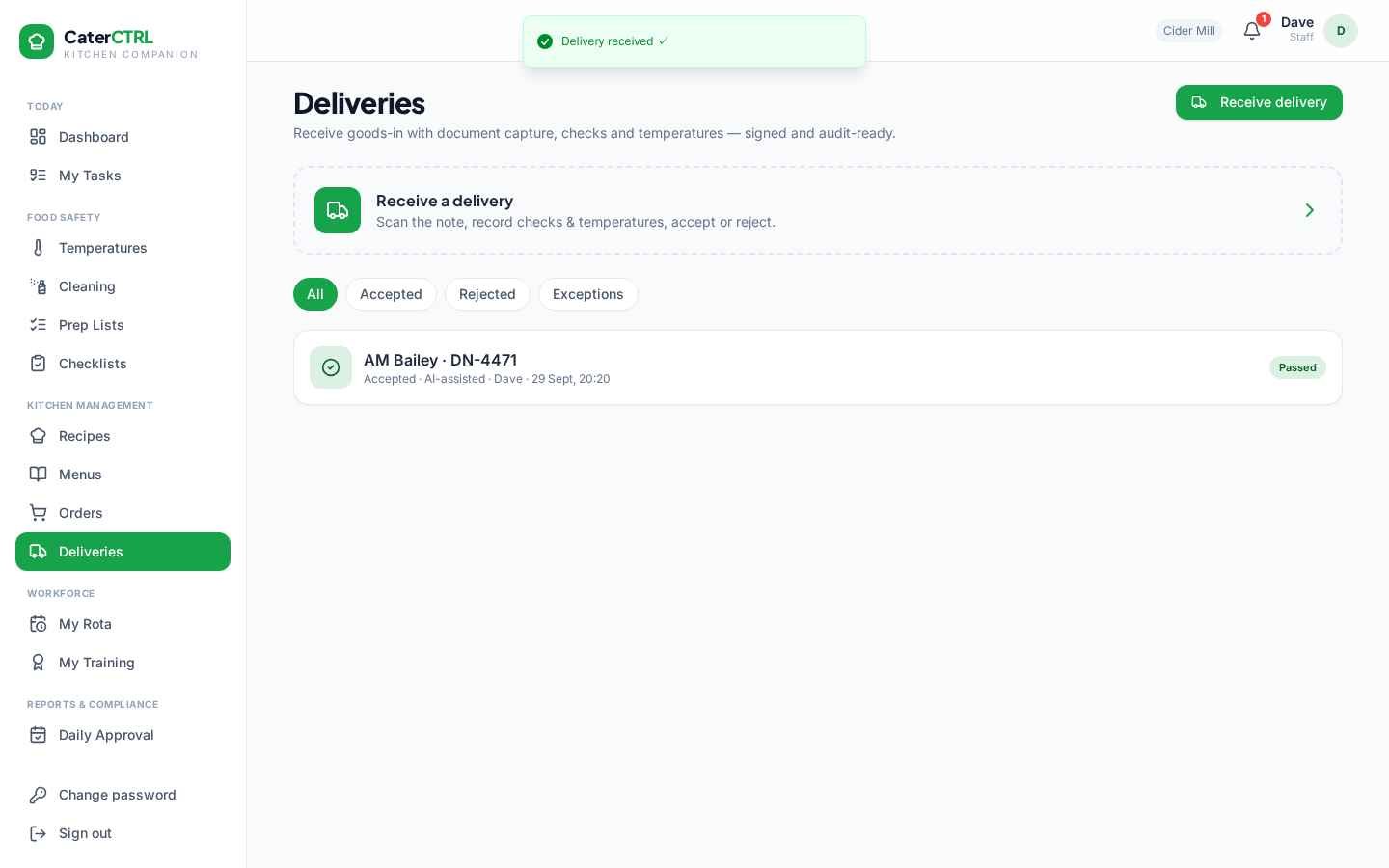 CaterCTRL accepted delivery showing passed receiving checks