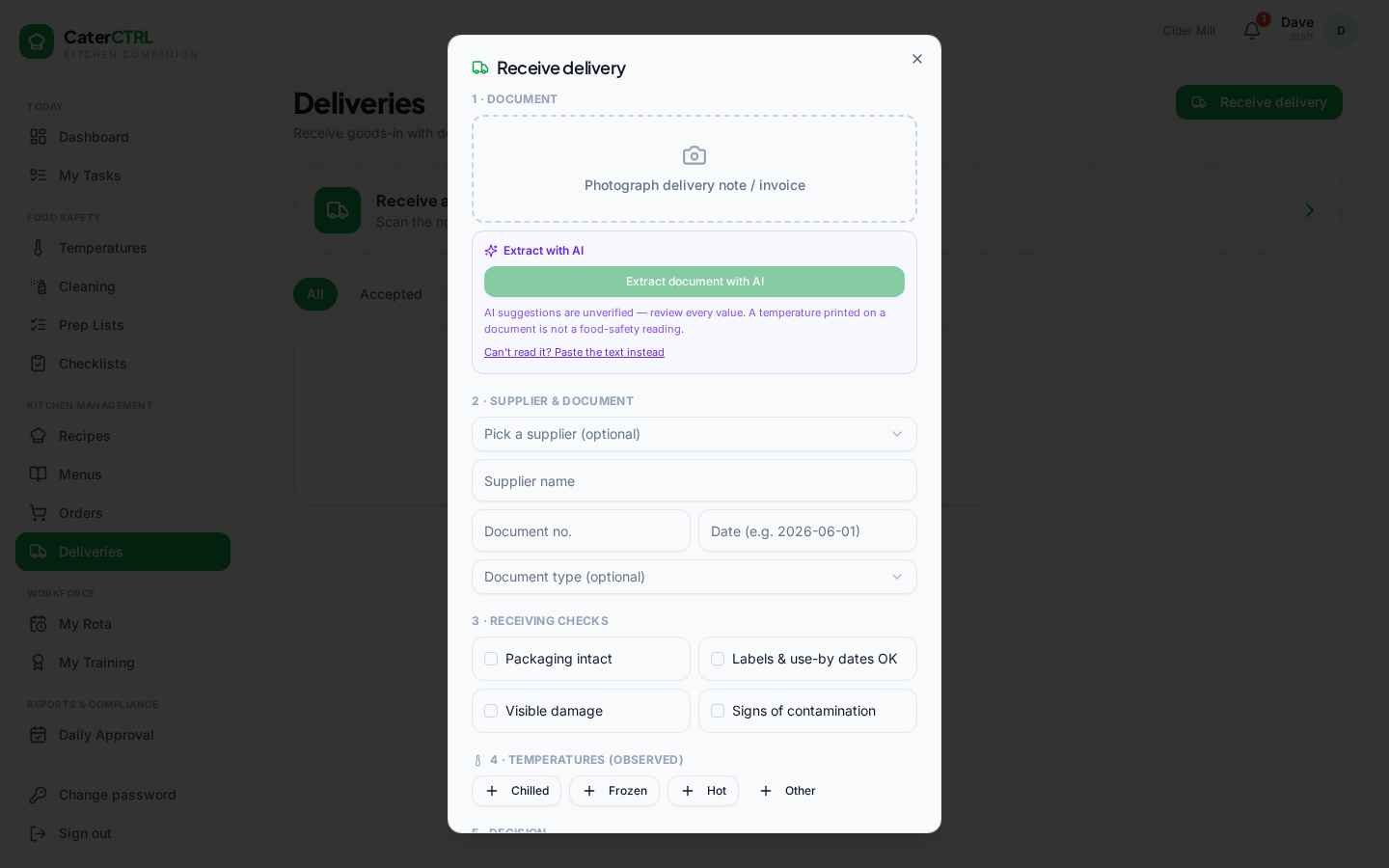 Receiving a delivery in CaterCTRL — document photo, AI extraction panel and receiving checks