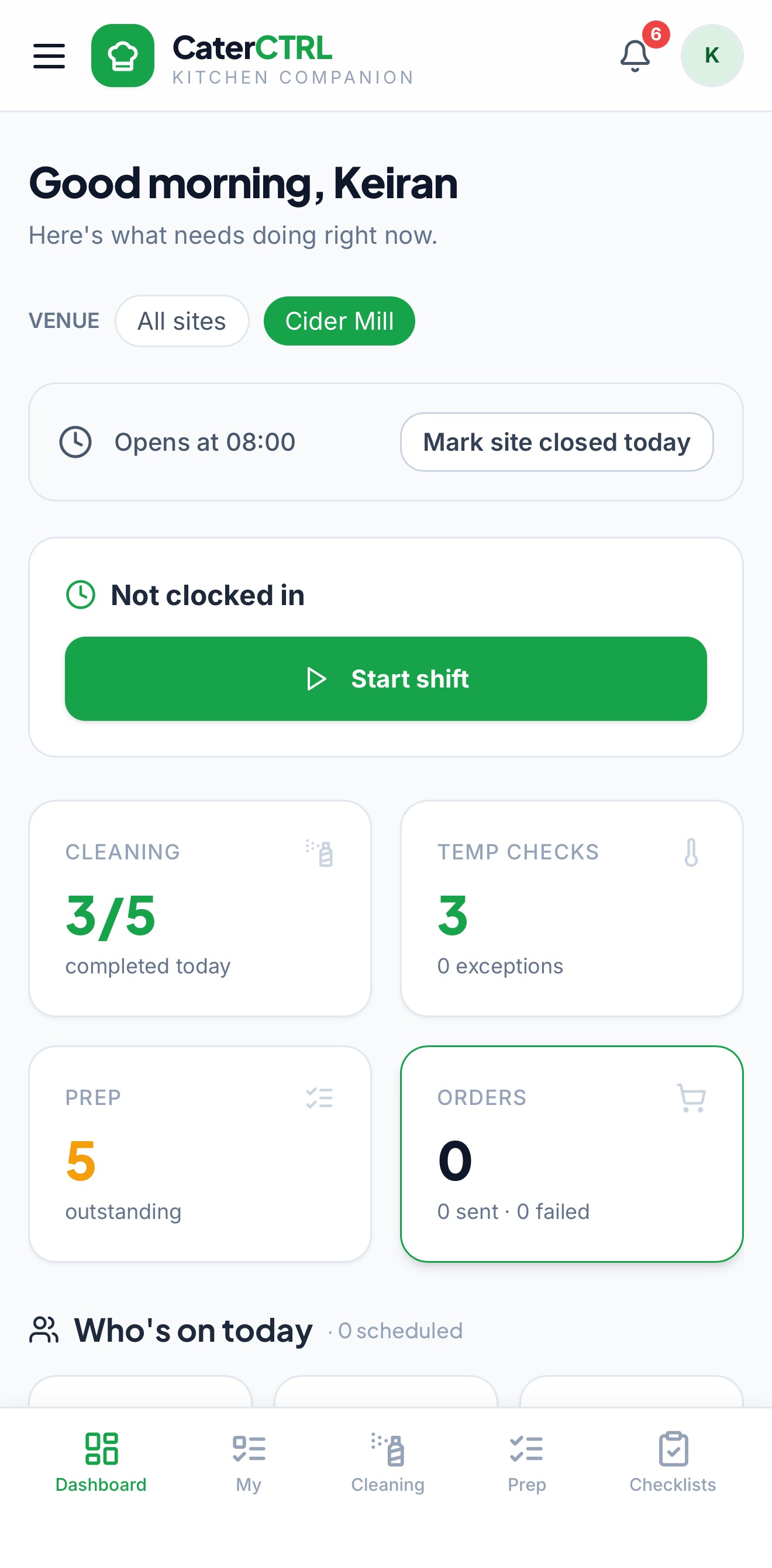 CaterCTRL dashboard showing the kitchen overview at Cider Mill