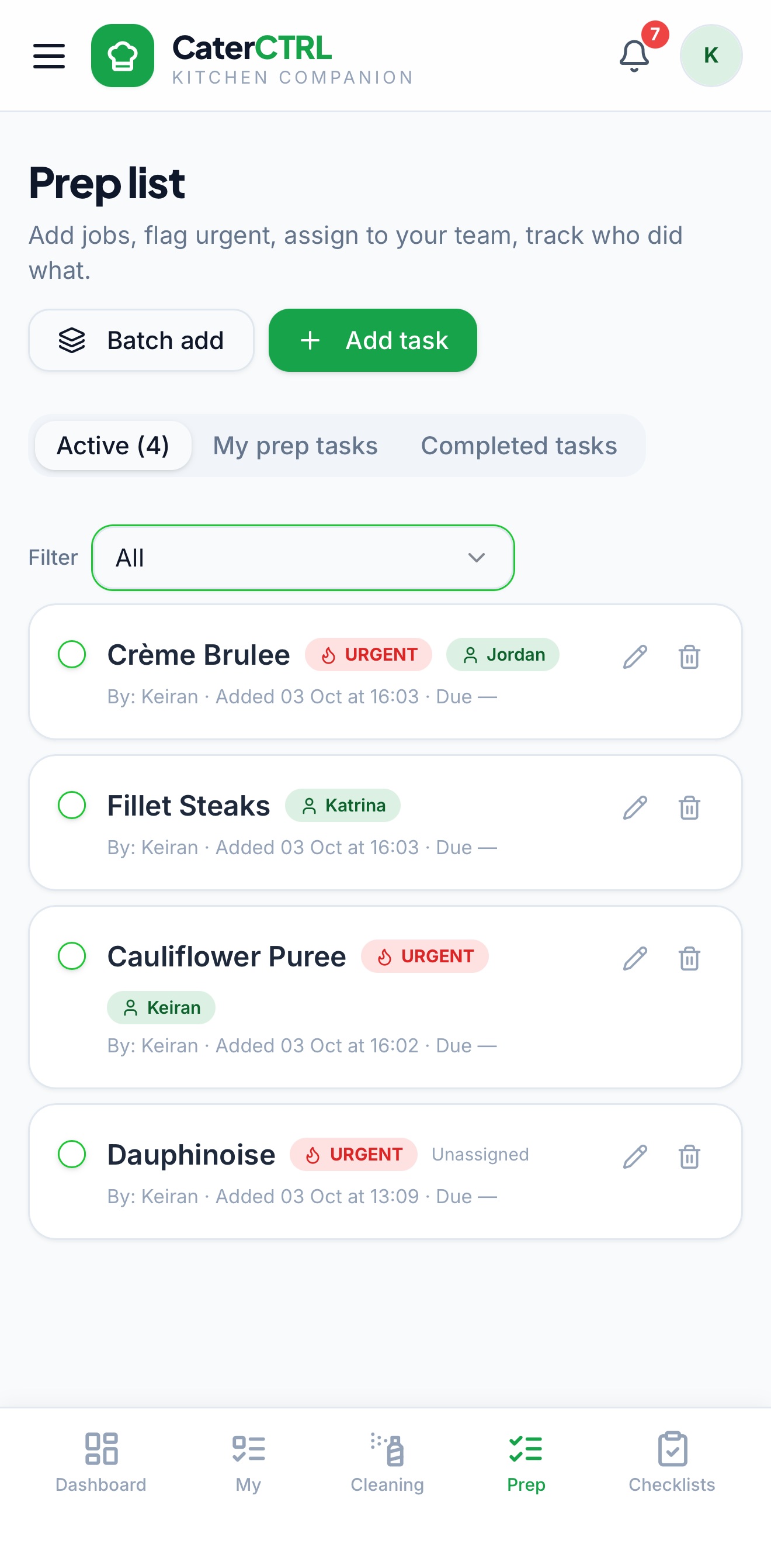 CaterCTRL prep list on a phone, showing kitchen tasks, team assignments and urgent jobs