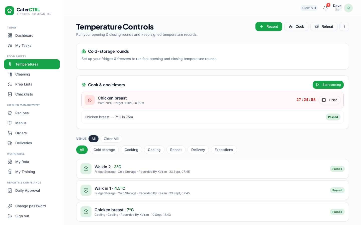 CaterCTRL Temperature Controls — cold-storage rounds, cook and cool timers and signed temperature history