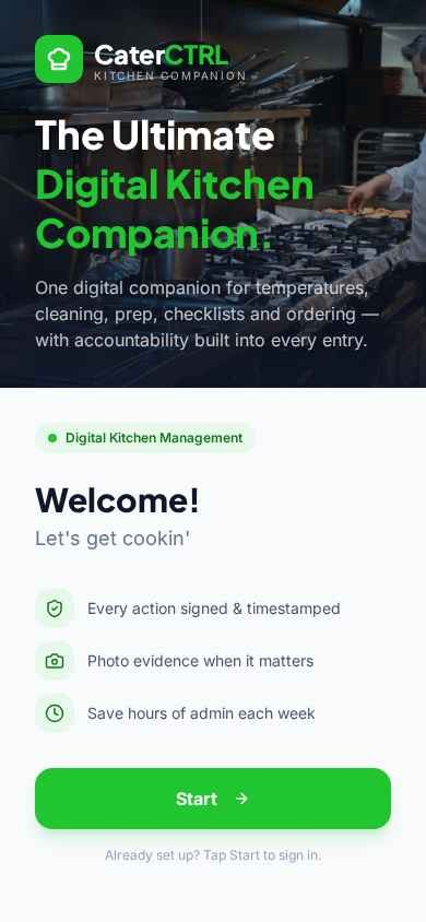 The CaterCTRL app — welcome screen with digital kitchen management sign-in